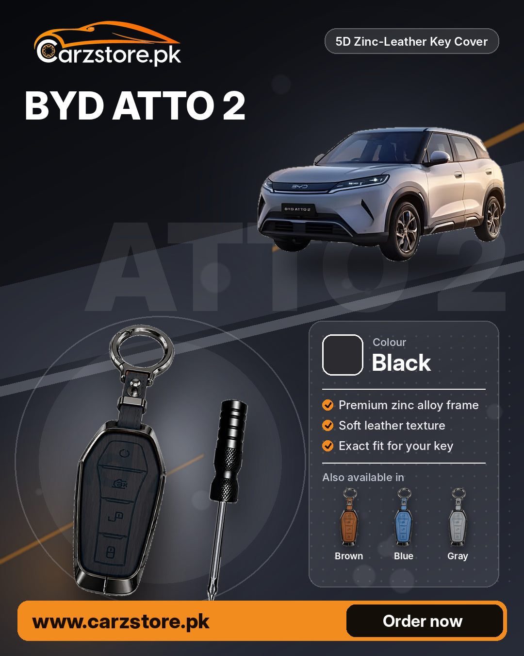 5D Zinc-Leather Key Cover for BYD Atto 2 – Black