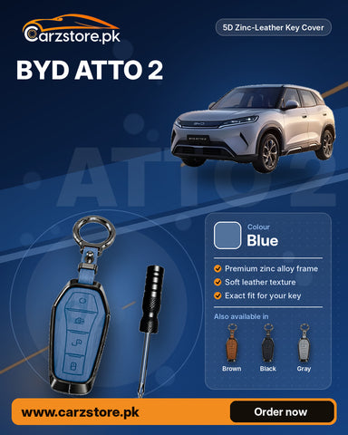 5D Zinc-Leather Key Cover for BYD Atto 2 – Blue