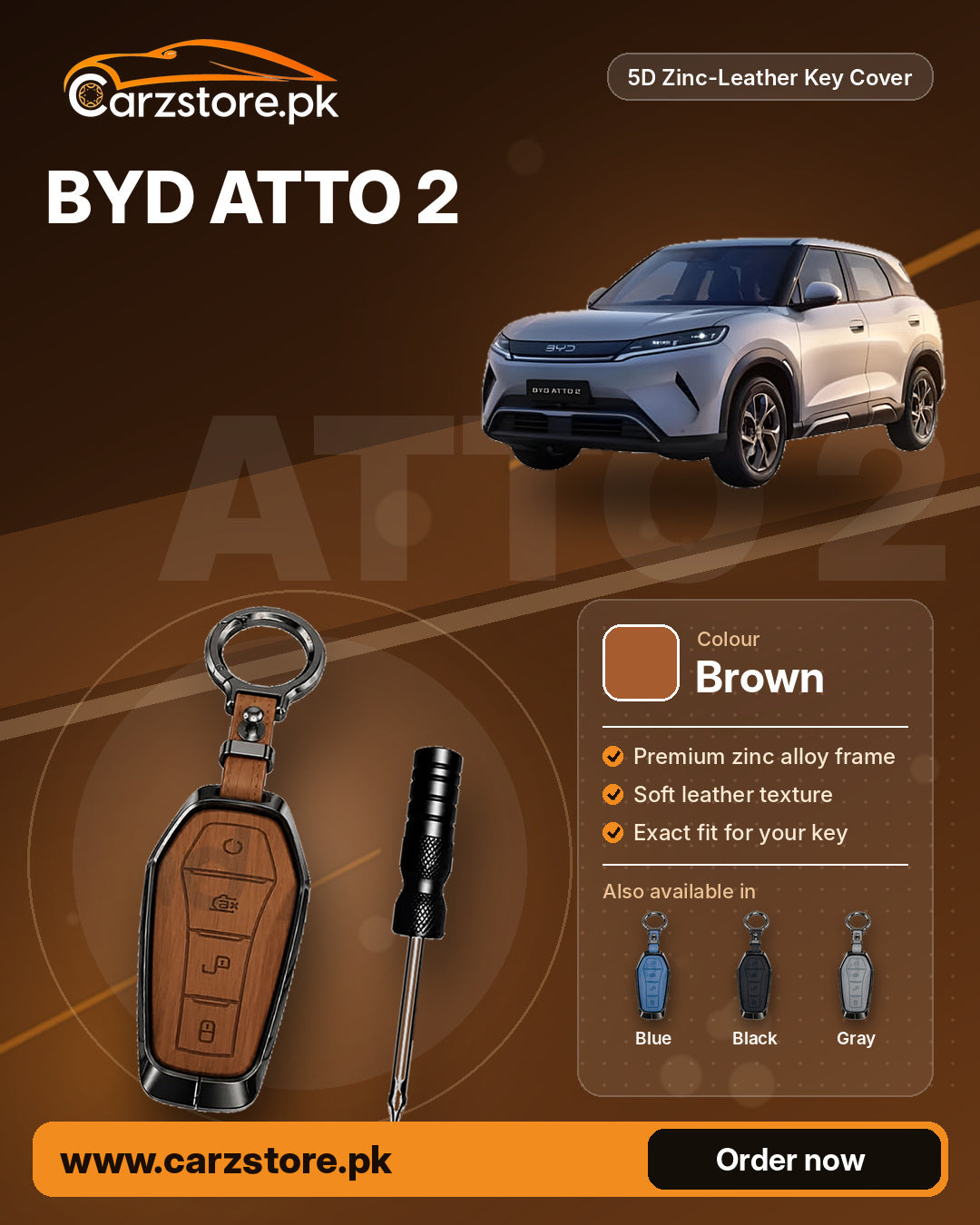 5D Zinc-Leather Key Cover for BYD Atto 2 – Brown
