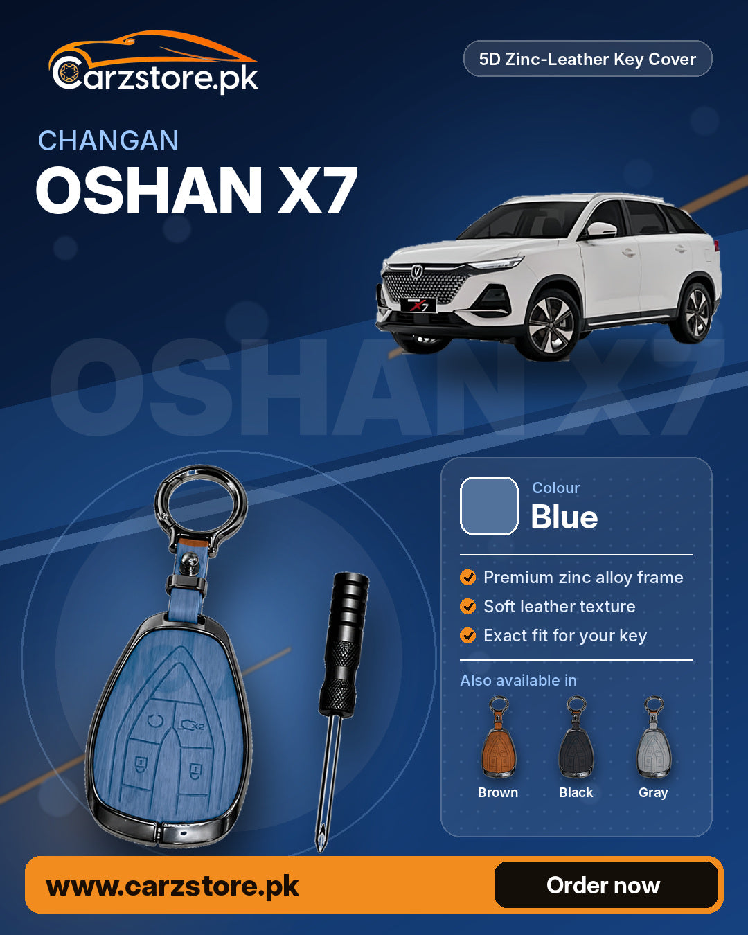 5D Zinc-Leather Key Cover for Changan Oshan X7 – Blue