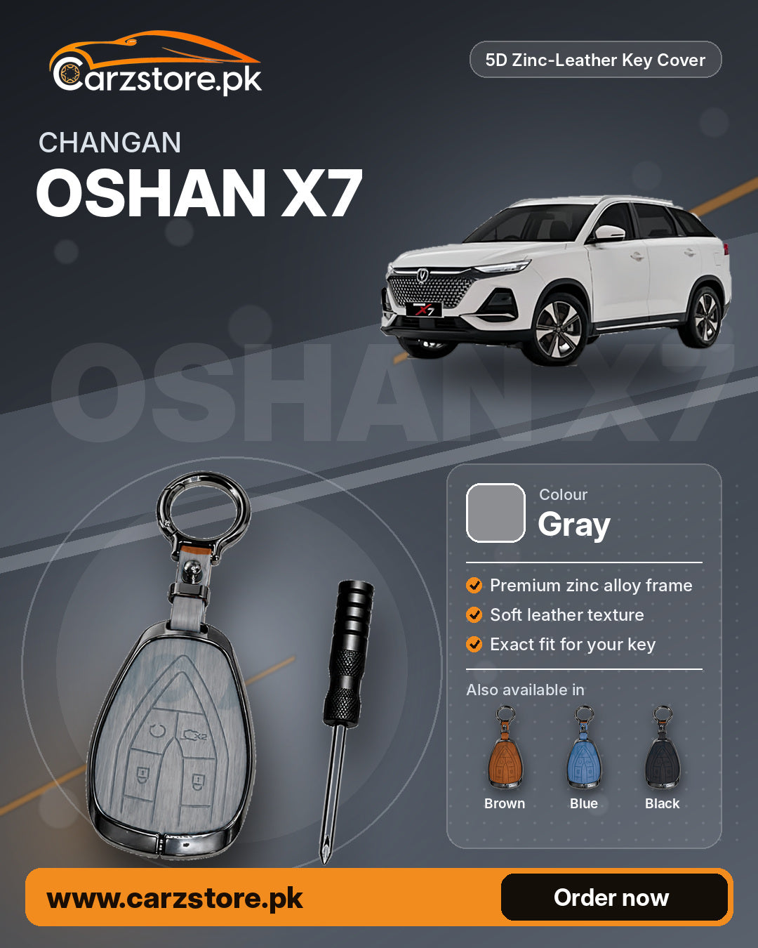5D Zinc-Leather Key Cover for Changan Oshan X7 – Gray