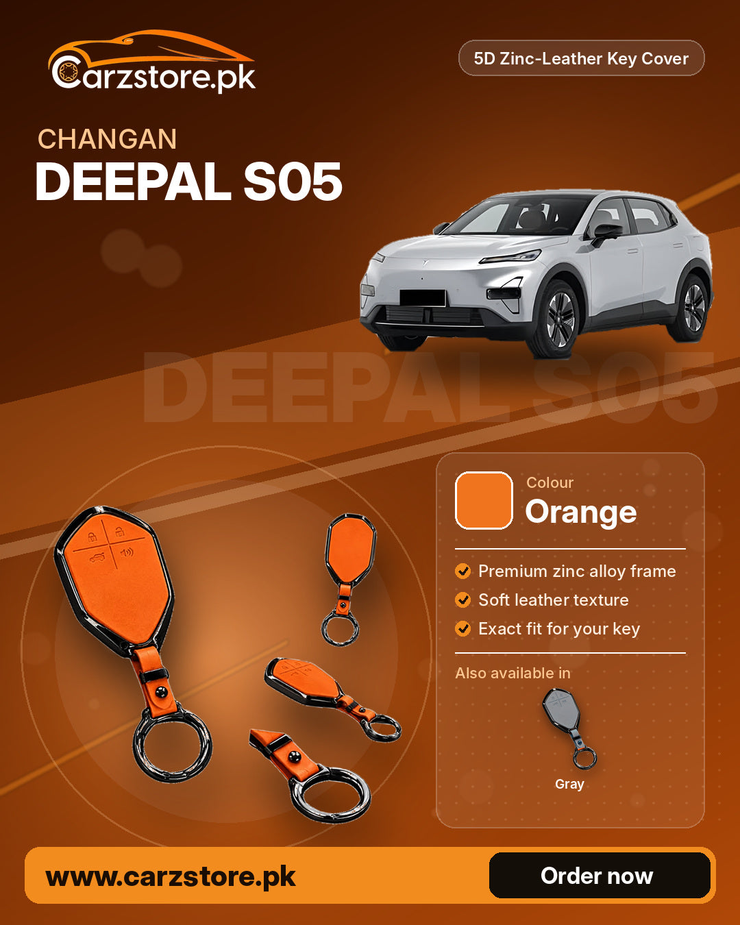 5D Zinc-Leather Key Cover for Changan Deepal S05 – Orange
