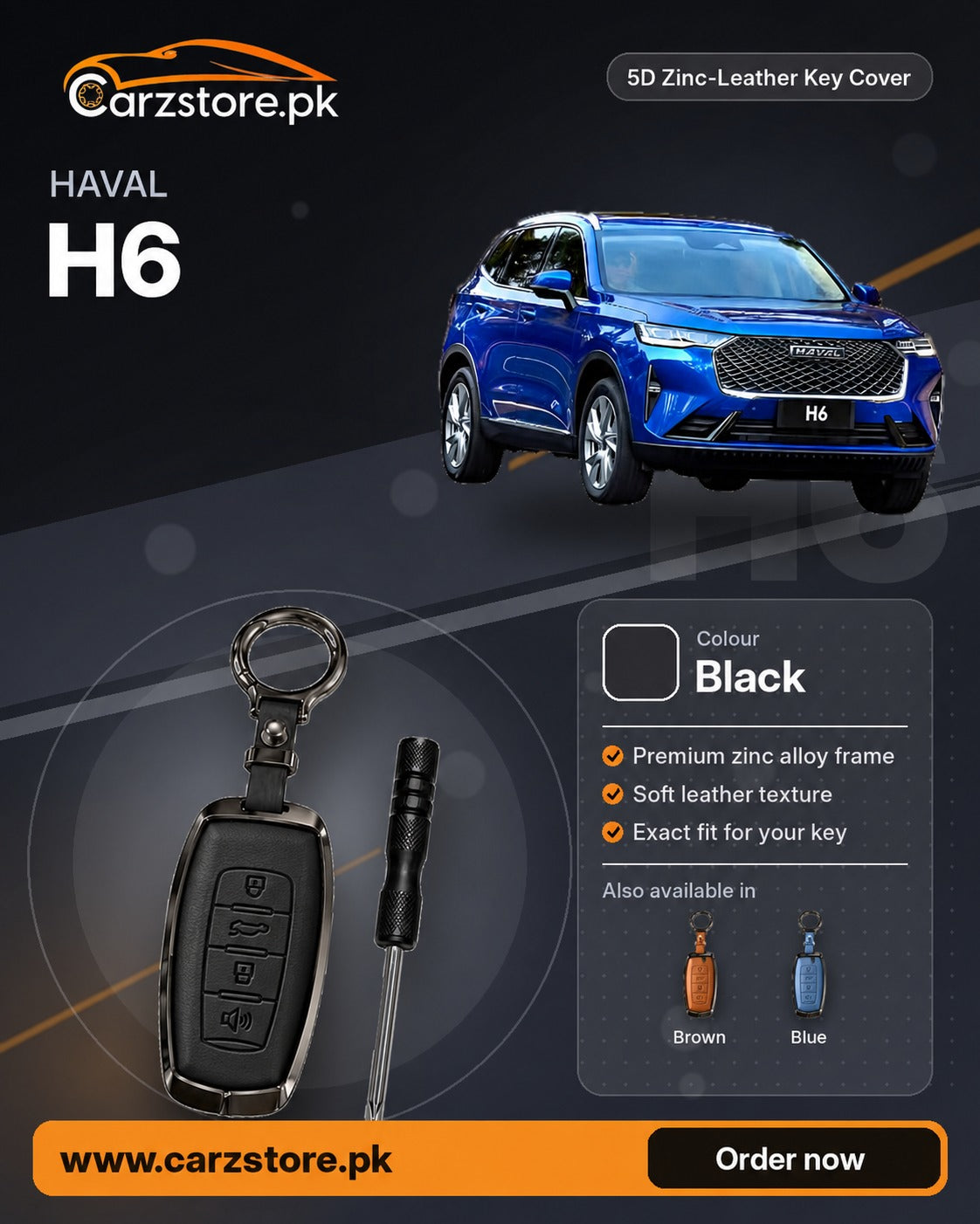 5D Zinc-Leather Key Cover for Haval H6 2021-2024 – Black