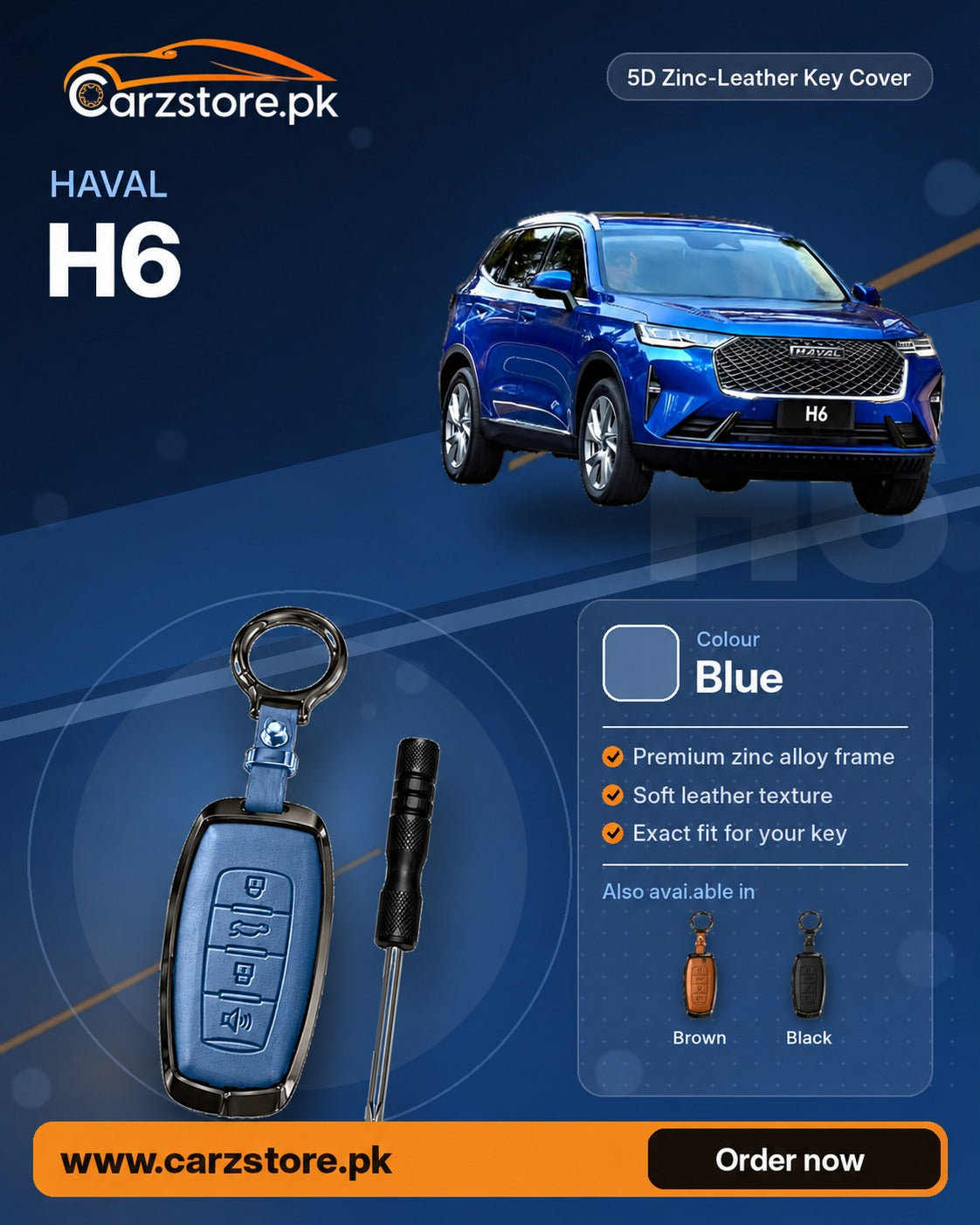 5D Zinc-Leather Key Cover for Haval H6 2021-2024 – Blue