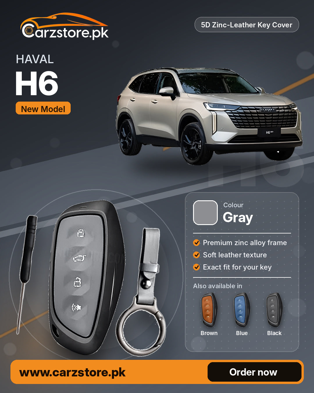 5D Zinc-Leather Key Cover for Haval H6 2025-2026 (New Model) – Gray