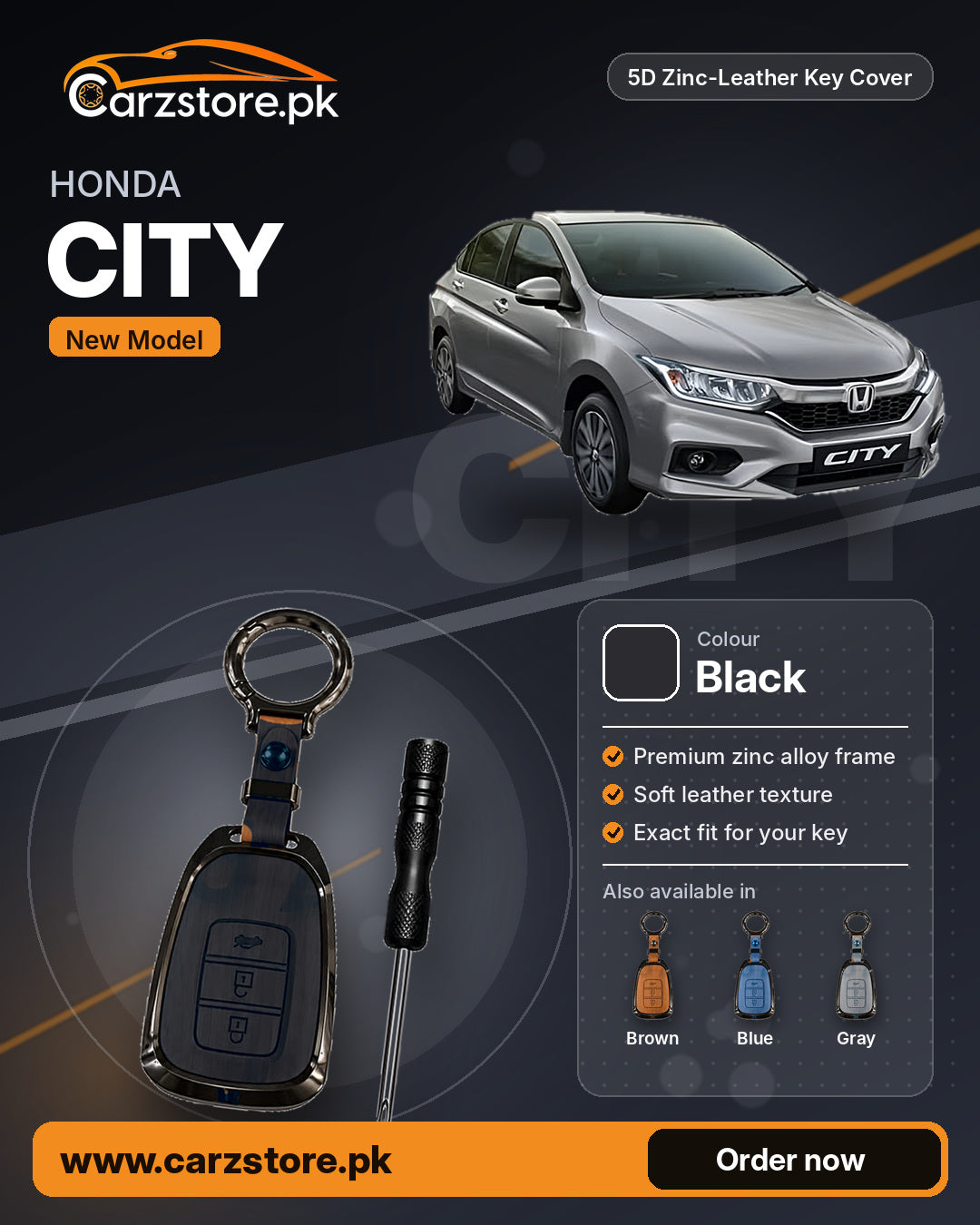 5D Zinc-Leather Key Cover for Honda City 2021-2026 (New Model) – Black