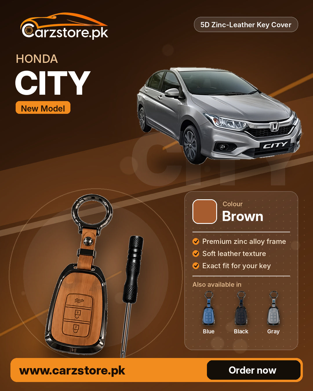 5D Zinc-Leather Key Cover for Honda City 2021-2026 (New Model) – Brown