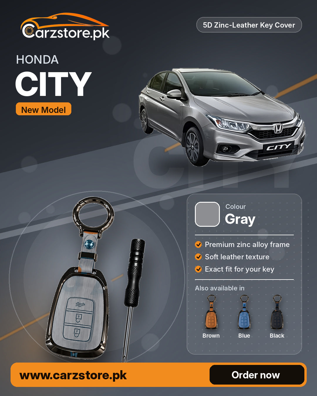 5D Zinc-Leather Key Cover for Honda City 2021-2026 (New Model) – Gray