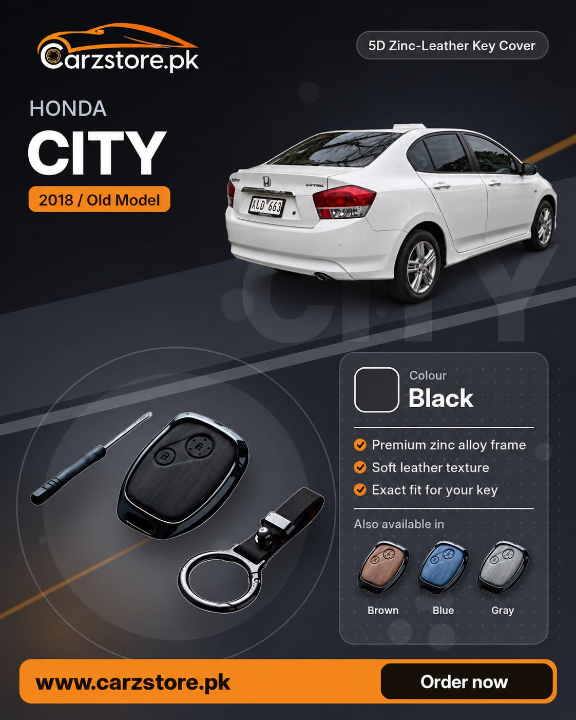 5D Zinc-Leather Key Cover for Honda City 2009-2021 (Old Model) – Black