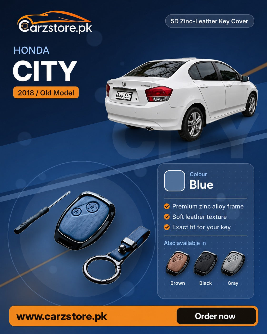 5D Zinc-Leather Key Cover for Honda City 2009-2021 (Old Model) – Blue