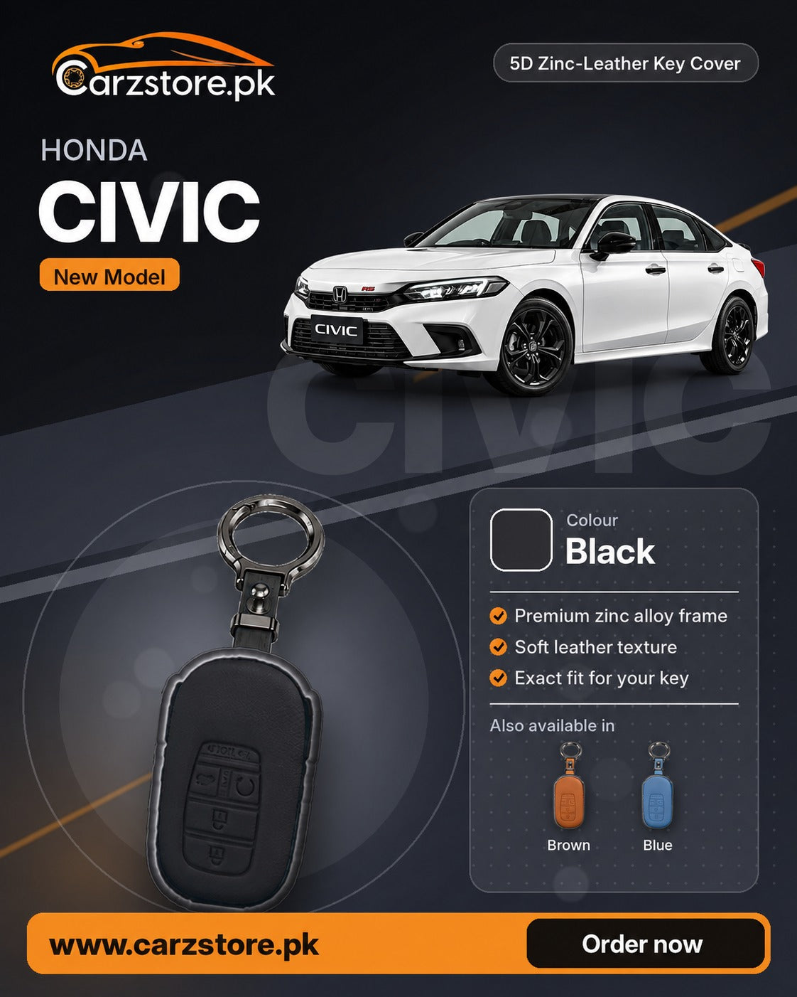 5D Zinc-Leather Key Cover for Honda Civic 2022-2026 (New Model) – Black