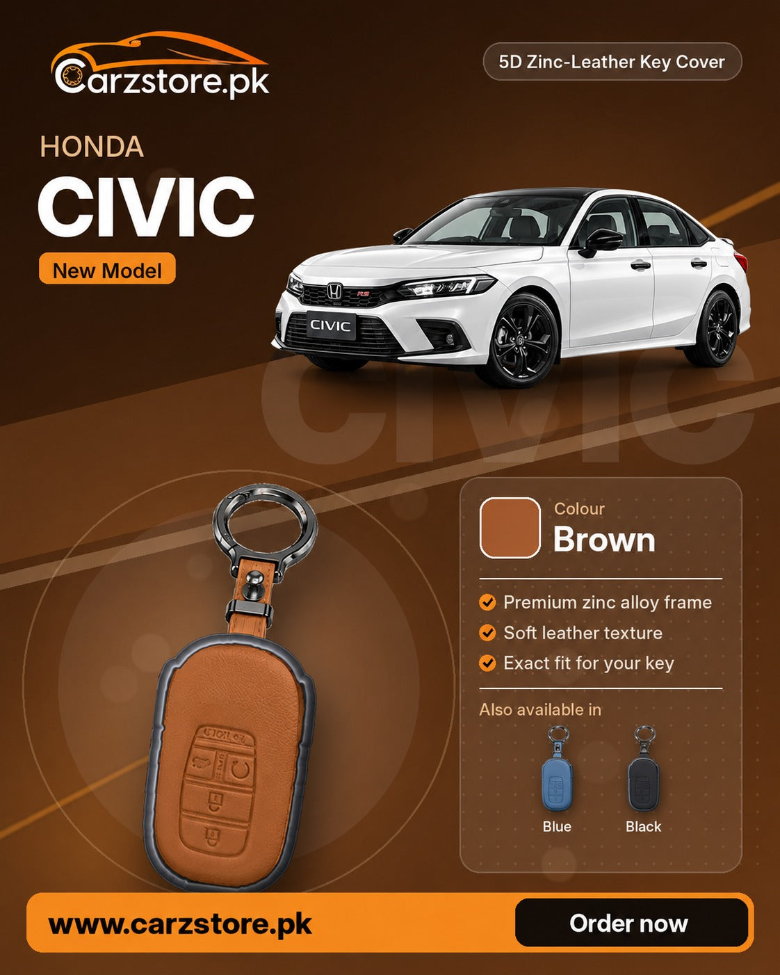 5D Zinc-Leather Key Cover for Honda Civic 2022-2026 (New Model) – Brown