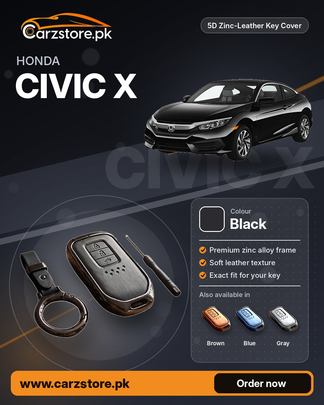 5D Zinc-Leather Key Cover for Honda Civic X 2016-2021 – Black