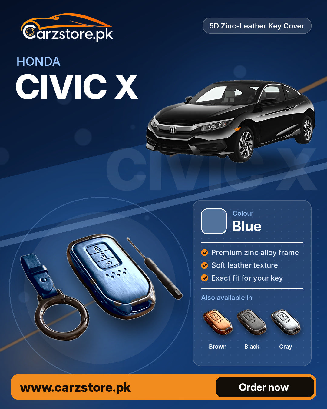 5D Zinc-Leather Key Cover for Honda Civic X 2016-2021 – Blue
