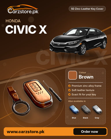 5D Zinc-Leather Key Cover for Honda Civic X 2016-2021 – Brown