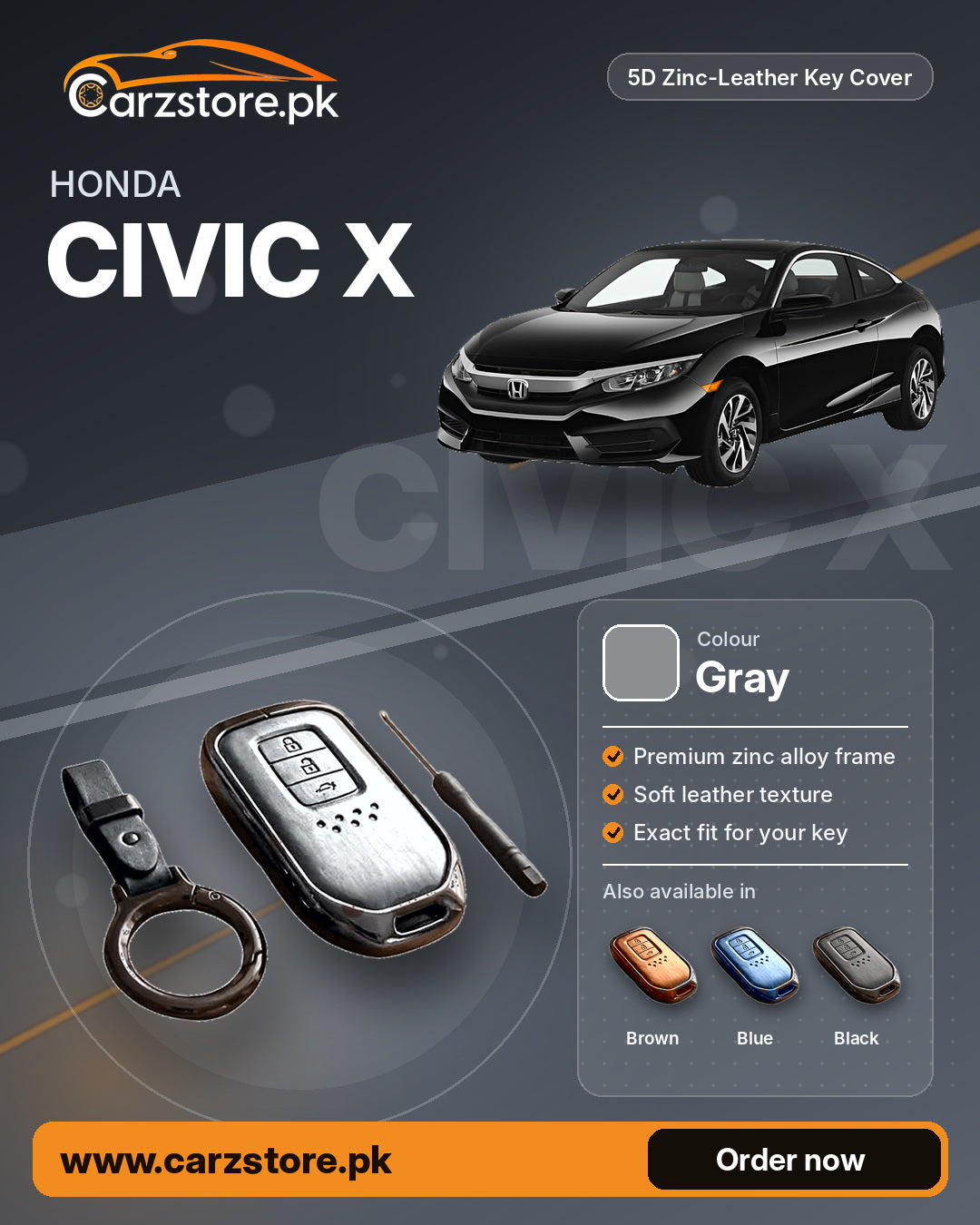 5D Zinc-Leather Key Cover for Honda Civic X 2016-2021 – Gray