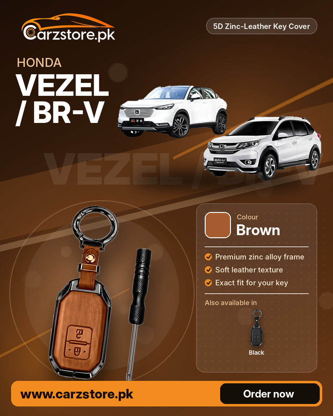 5D Zinc-Leather Key Cover for Honda Vezel / BR-V – Brown