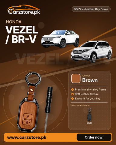5D Zinc-Leather Key Cover for Honda Vezel / BR-V – Brown