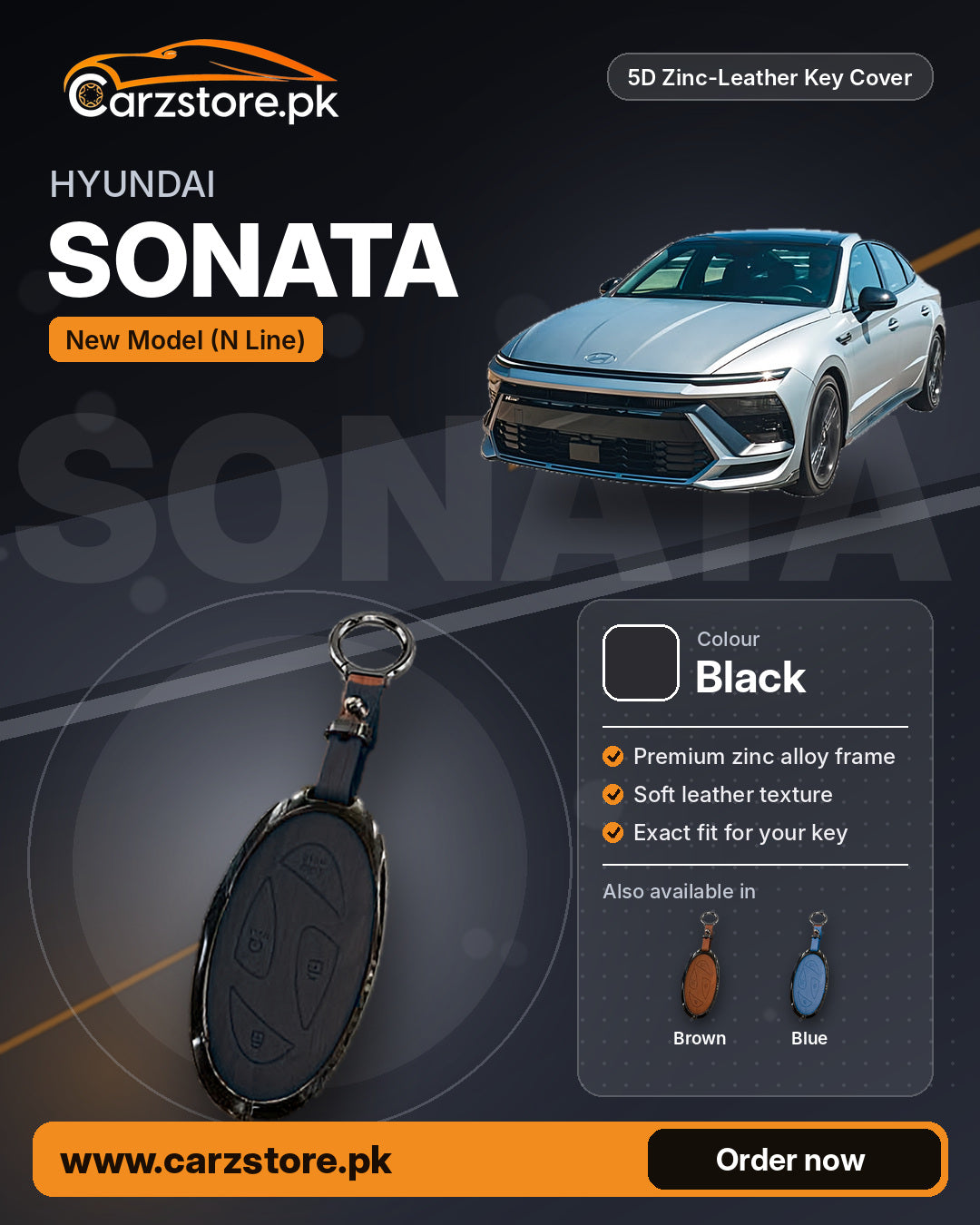 5D Zinc-Leather Key Cover for Hyundai Sonata N Line (New Model) – Black