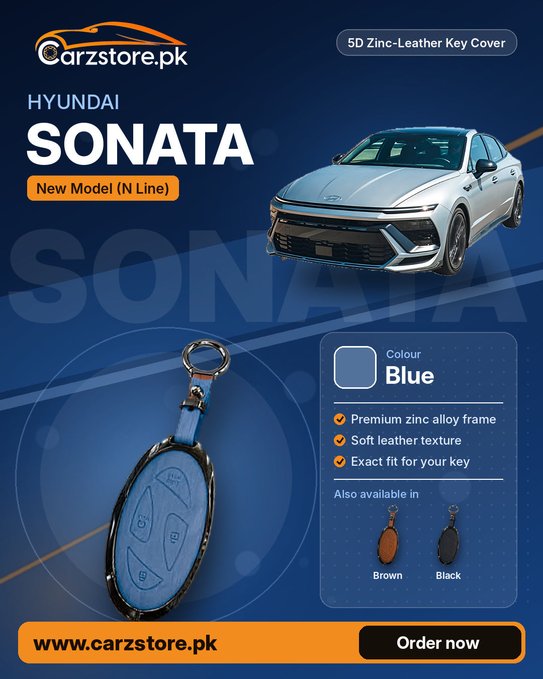 5D Zinc-Leather Key Cover for Hyundai Sonata N Line (New Model) – Blue