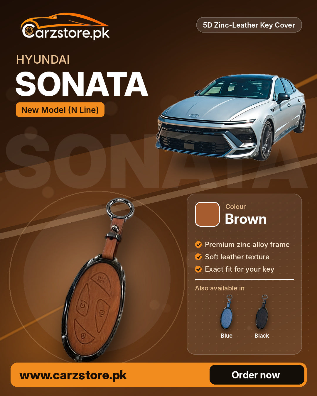 5D Zinc-Leather Key Cover for Hyundai Sonata N Line (New Model) – Brown