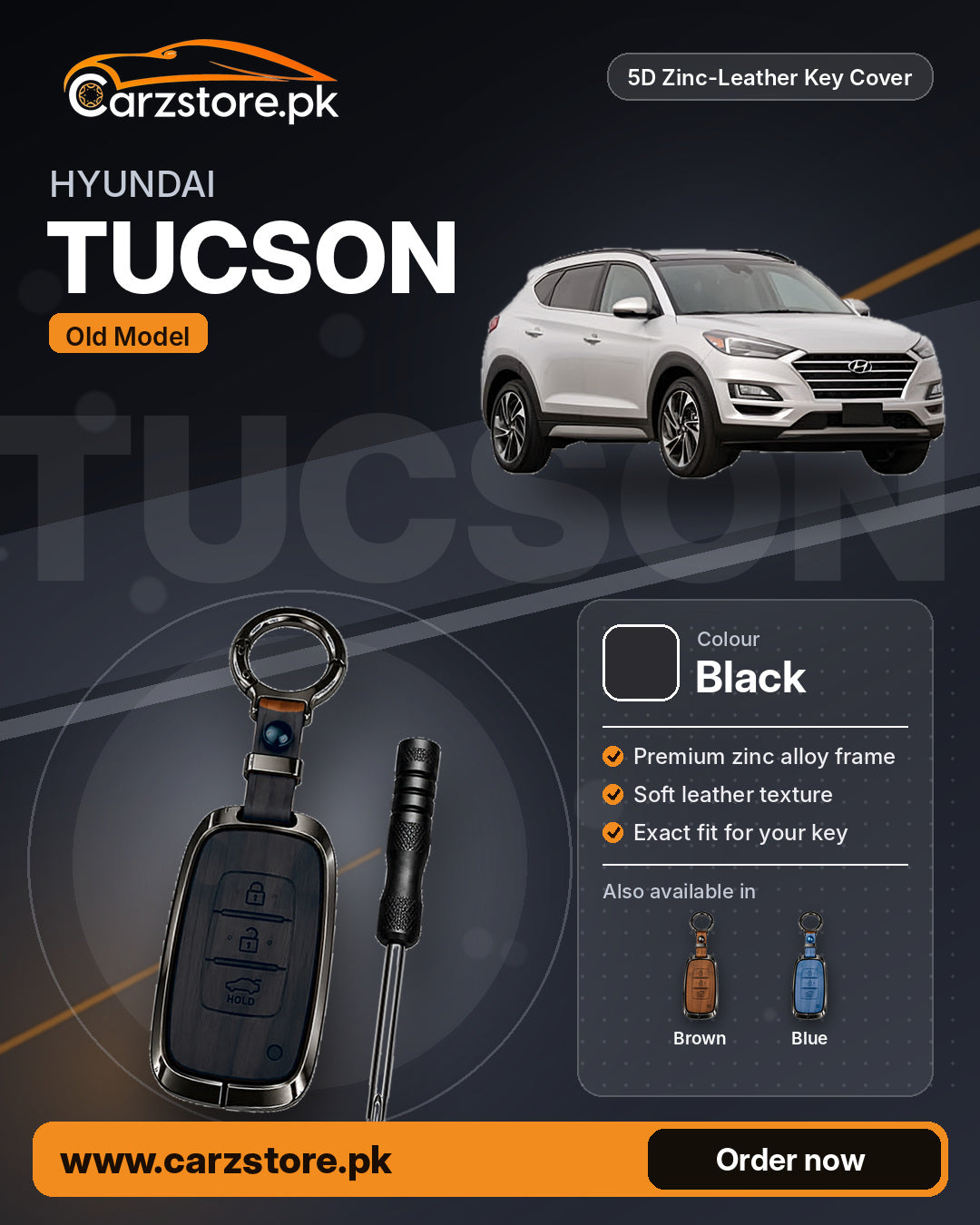 5D Zinc-Leather Key Cover for Hyundai Tucson (Old Model) – Black