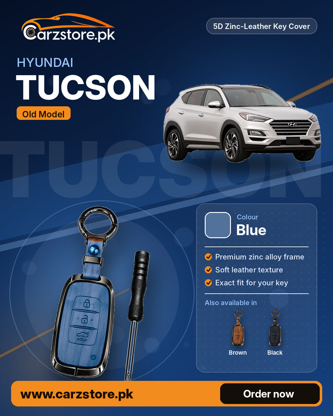 5D Zinc-Leather Key Cover for Hyundai Tucson (Old Model) – Blue
