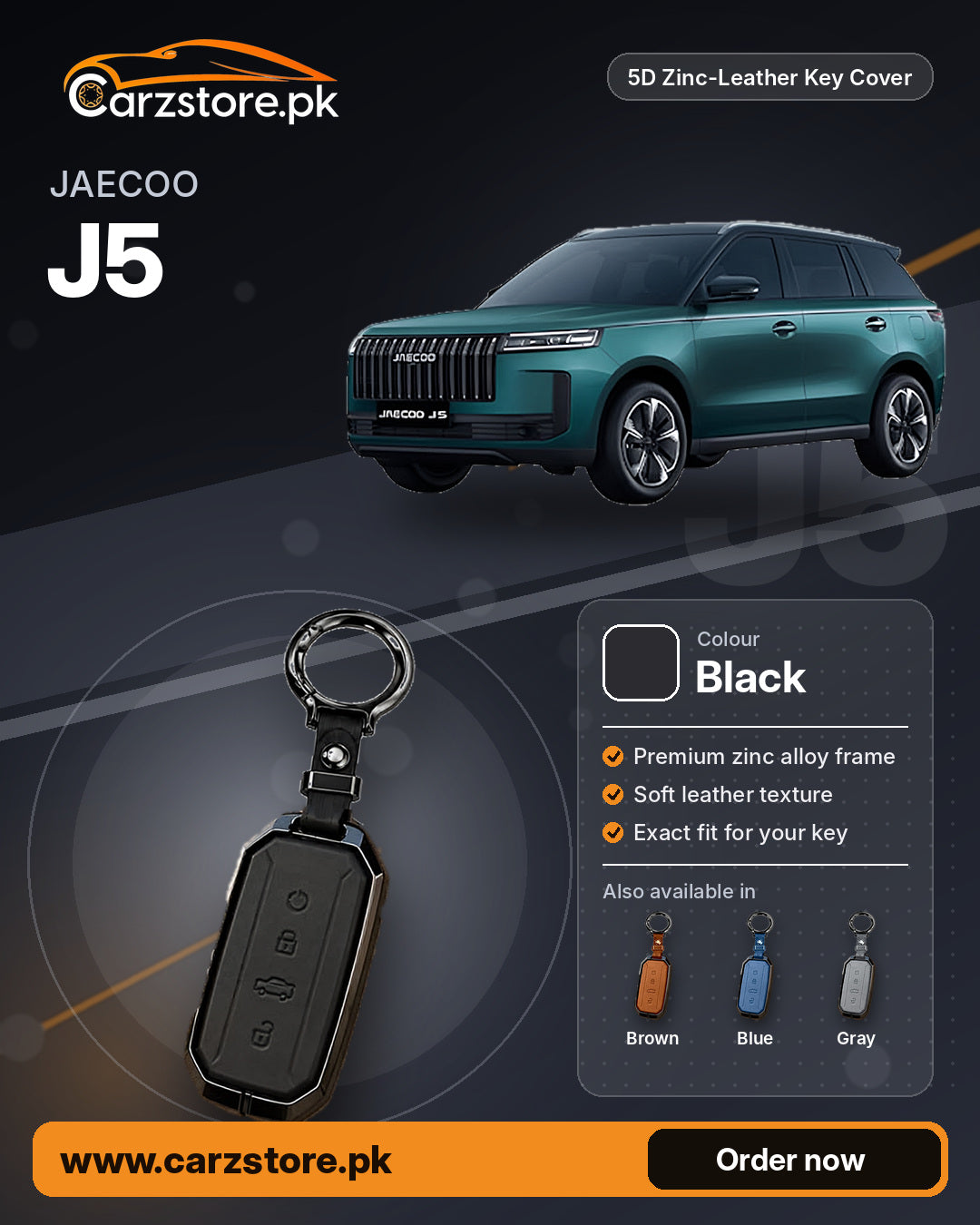 5D Zinc-Leather Key Cover for Jaecoo J5 – Black