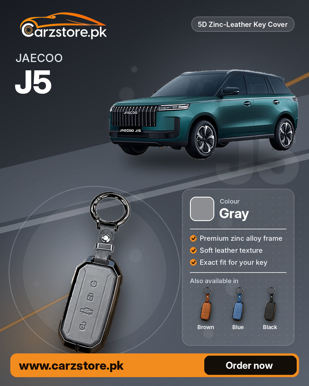 5D Zinc-Leather Key Cover for Jaecoo J5 – Gray