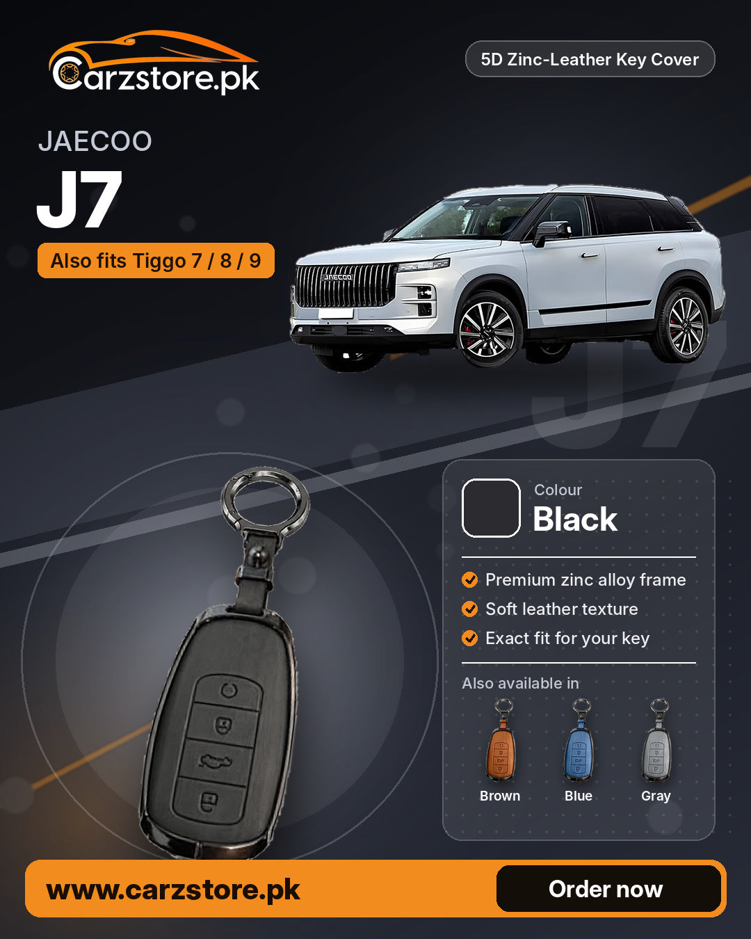 5D Zinc-Leather Key Cover for Jaecoo J7 / Chery Tiggo 7, Tiggo 8 & Tiggo 9 – Black