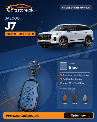 5D Zinc-Leather Key Cover for Jaecoo J7 / Chery Tiggo 7, Tiggo 8 & Tiggo 9 – Blue