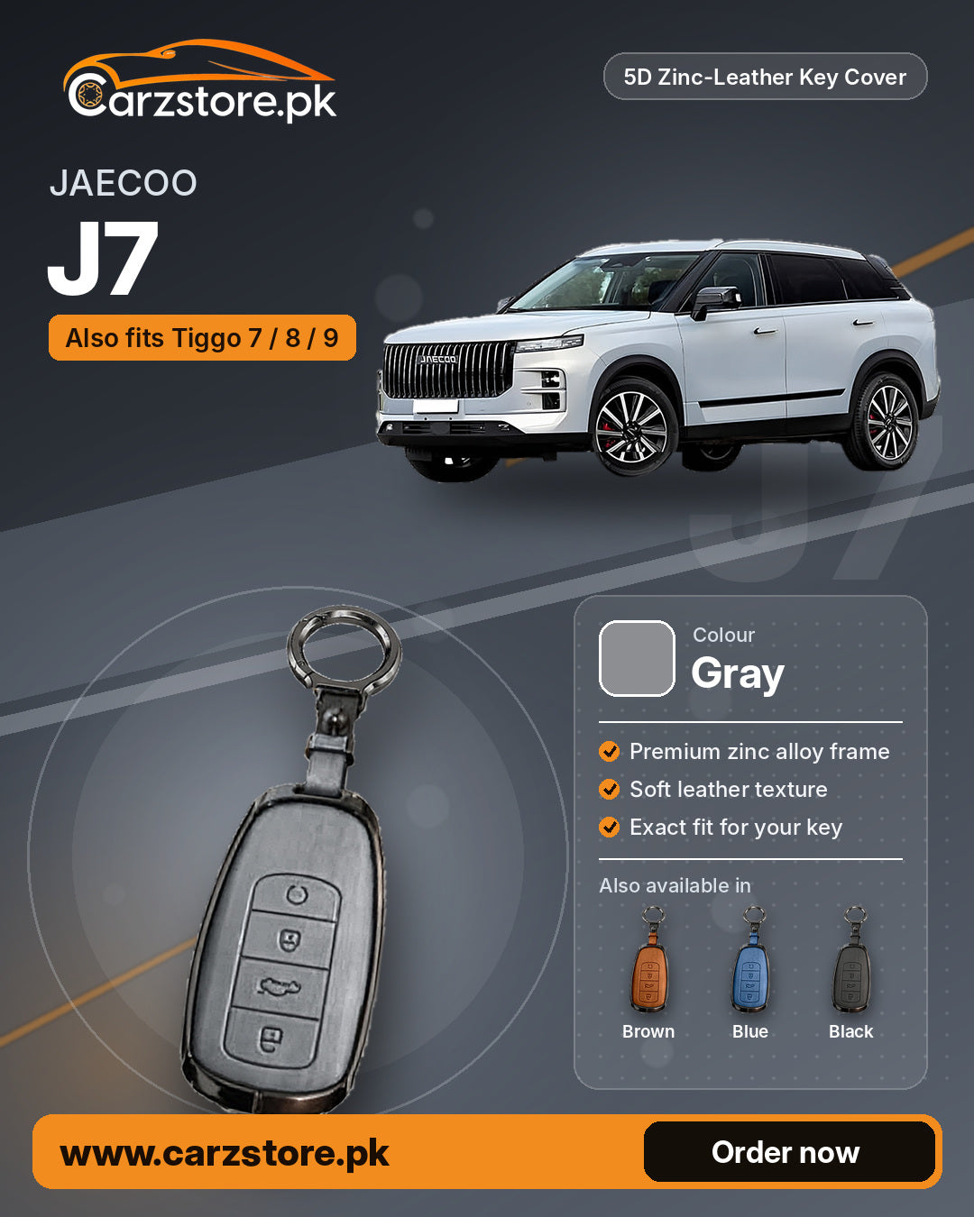 5D Zinc-Leather Key Cover for Jaecoo J7 / Chery Tiggo 7, Tiggo 8 & Tiggo 9 – Gray