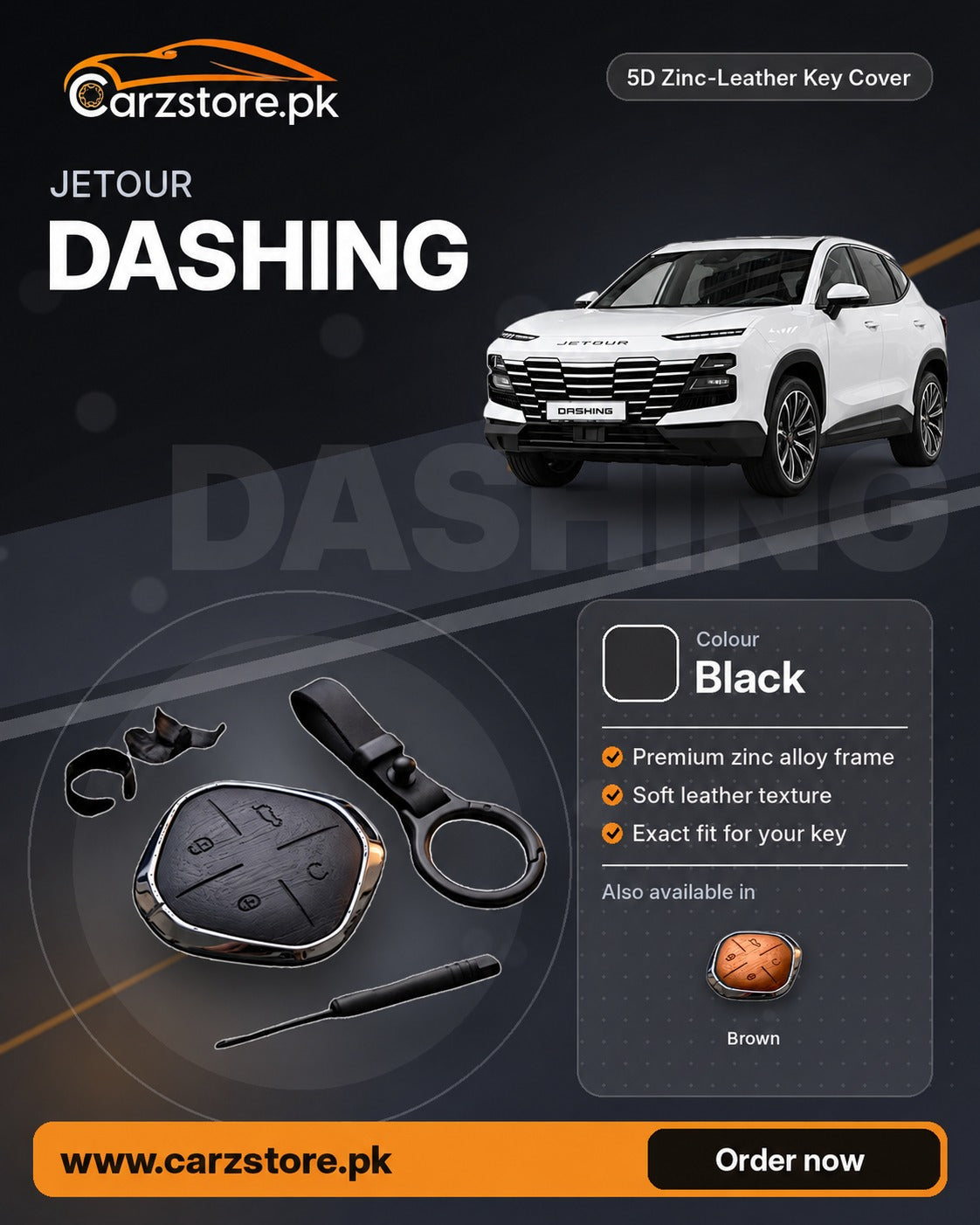 5D Zinc-Leather Key Cover for Jetour Dashing – Black