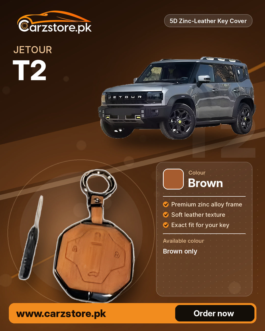 5D Zinc-Leather Key Cover for Jetour T2 – Brown