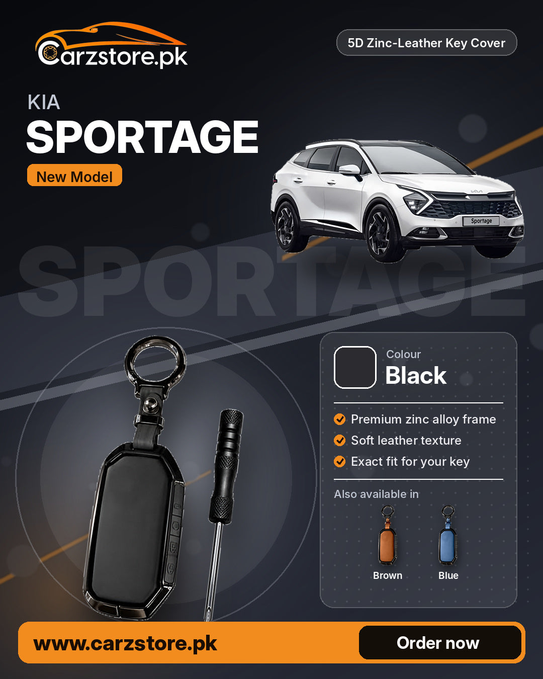 5D Zinc-Leather Key Cover for Kia Sportage (New Model) – Black