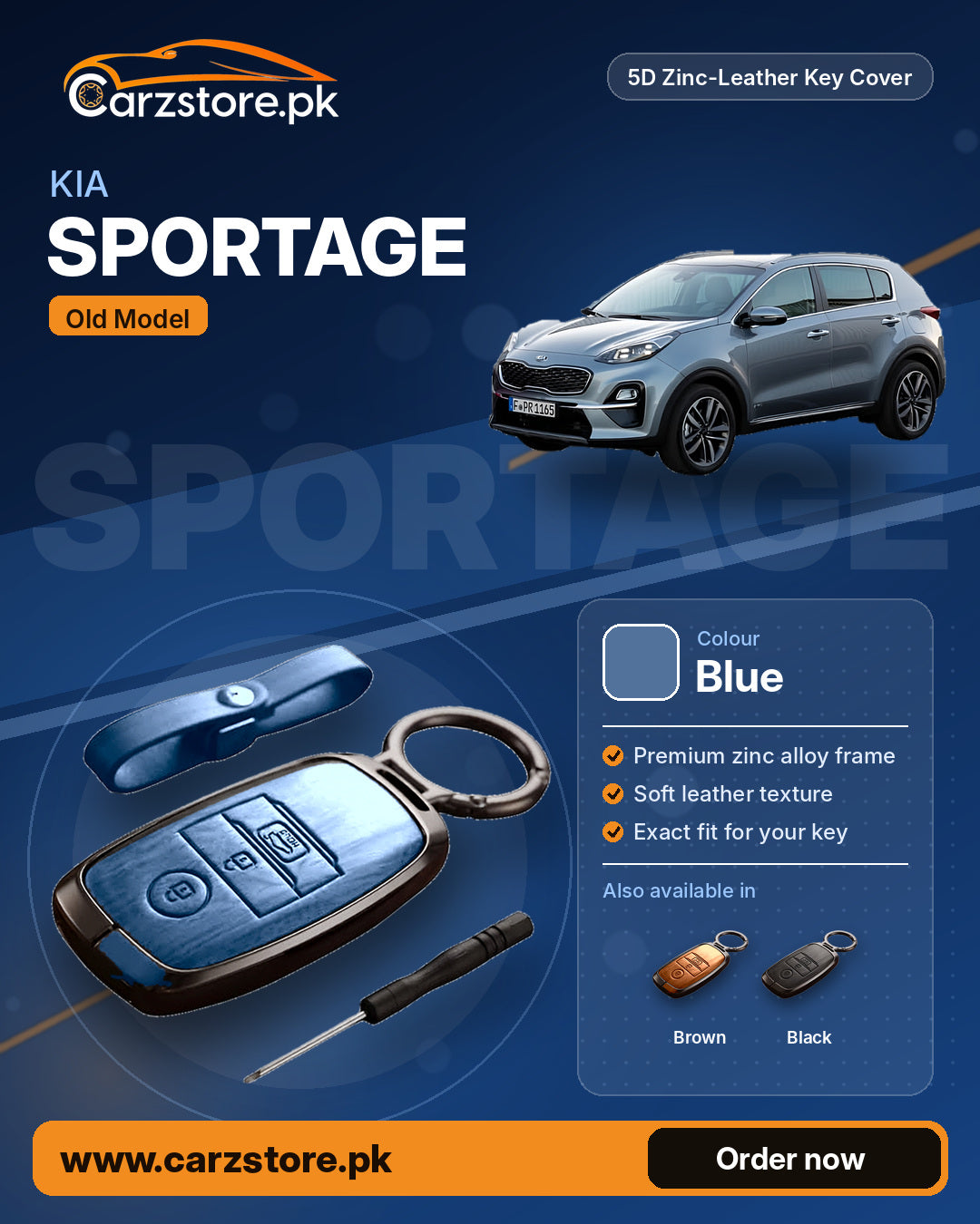 5D Zinc-Leather Key Cover for Kia Sportage (Old Model) – Blue