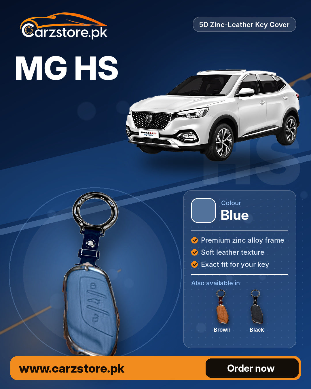 5D Zinc-Leather Key Cover for MG HS – Blue