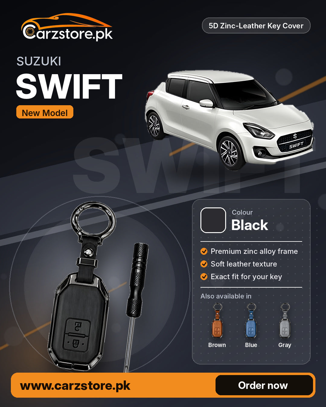 5D Zinc-Leather Key Cover for Suzuki Swift 2022-2026 (New Model) – Black