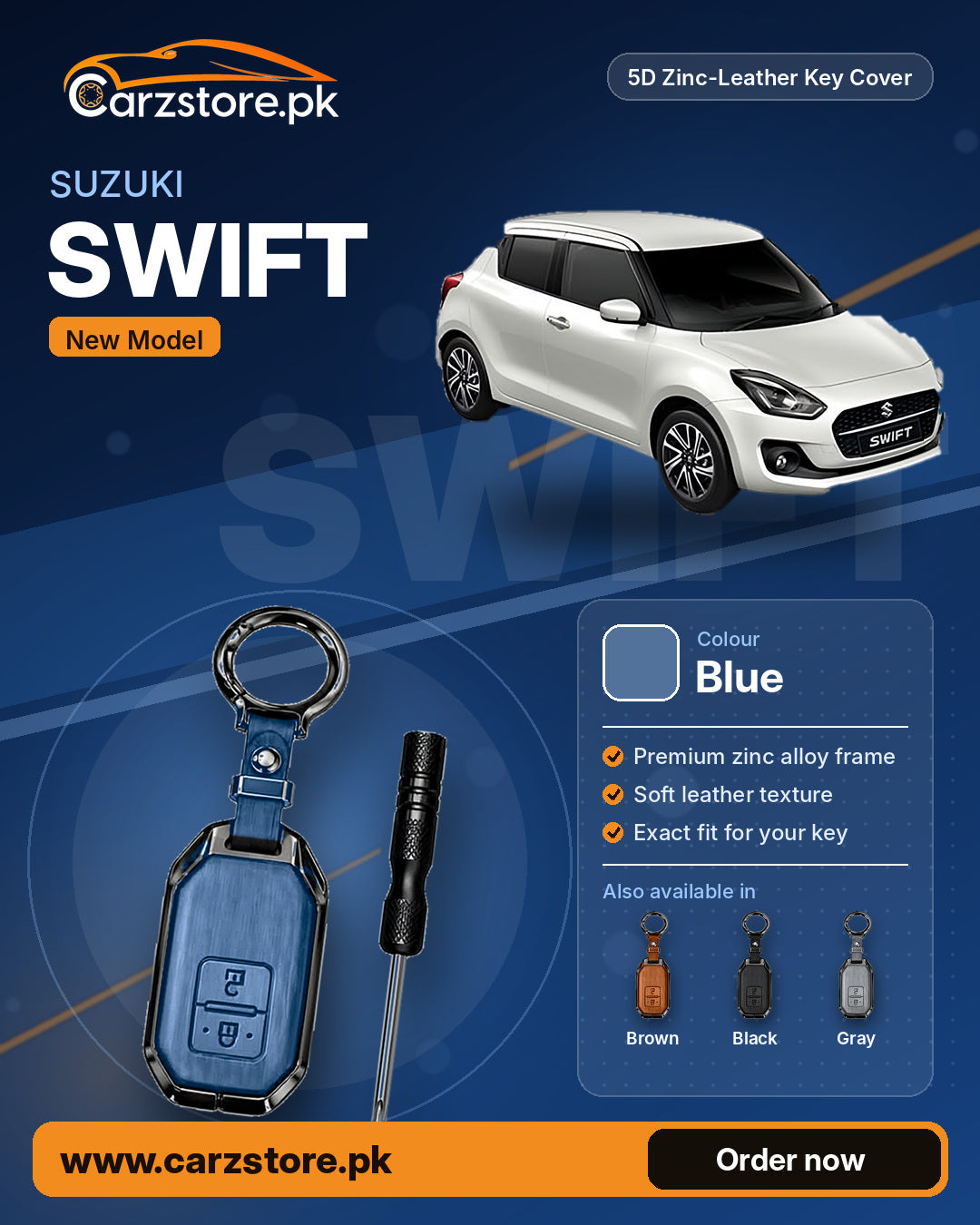 5D Zinc-Leather Key Cover for Suzuki Swift 2022-2026 (New Model) – Blue