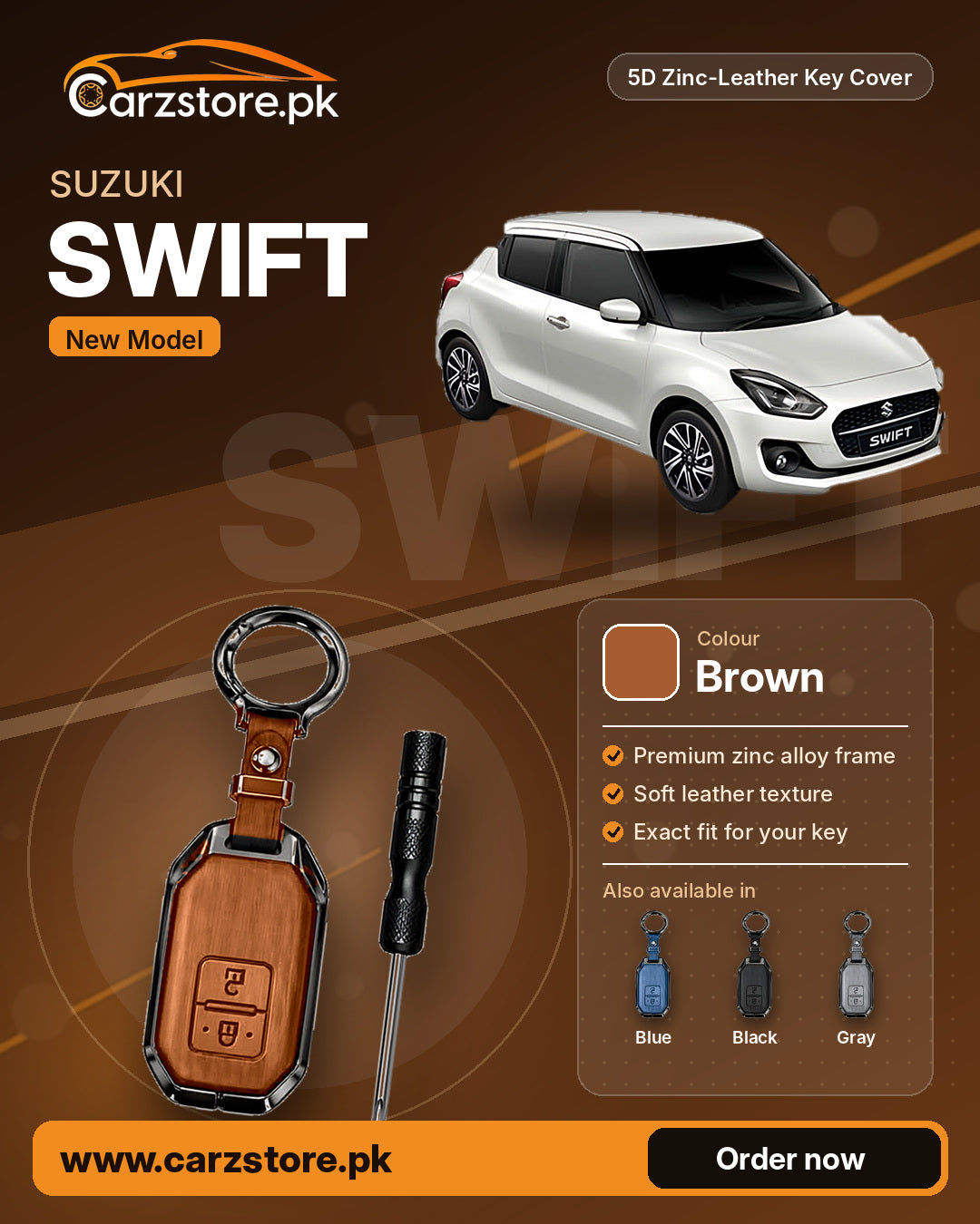 5D Zinc-Leather Key Cover for Suzuki Swift 2022-2026 (New Model) – Brown