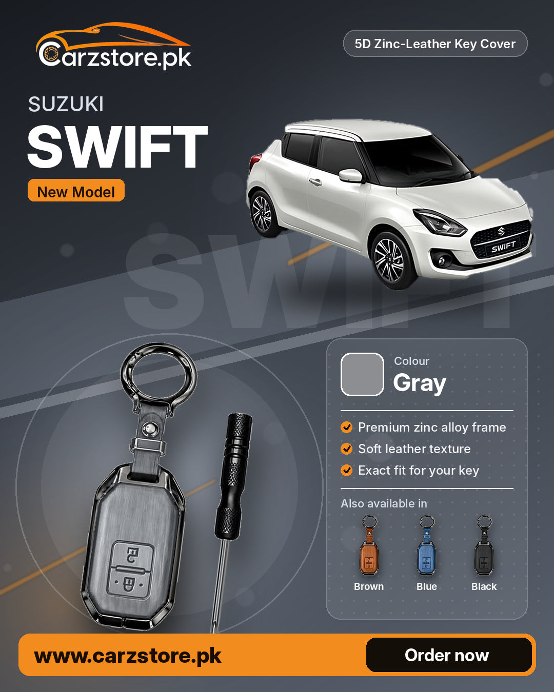 5D Zinc-Leather Key Cover for Suzuki Swift 2022-2026 (New Model) – Gray