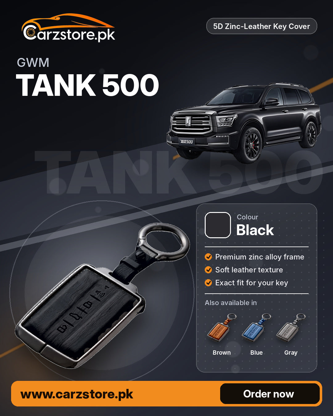 5D Zinc-Leather Key Cover for GWM Tank 500 – Black