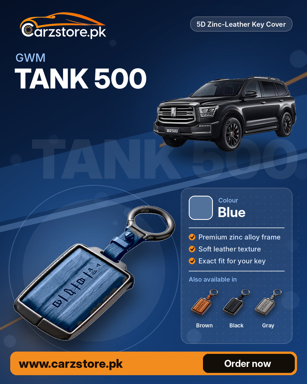 5D Zinc-Leather Key Cover for GWM Tank 500 – Blue