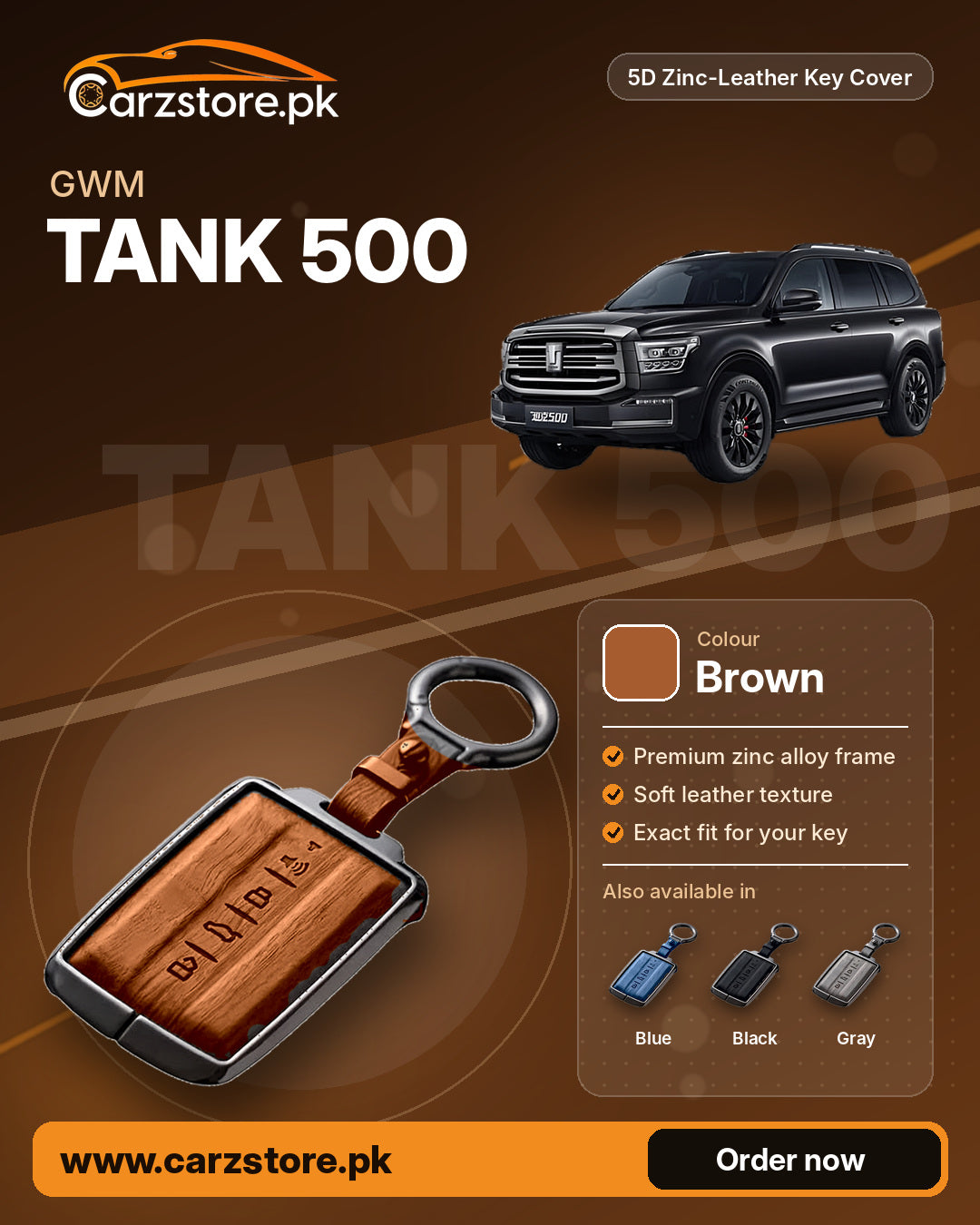 5D Zinc-Leather Key Cover for GWM Tank 500 – Brown