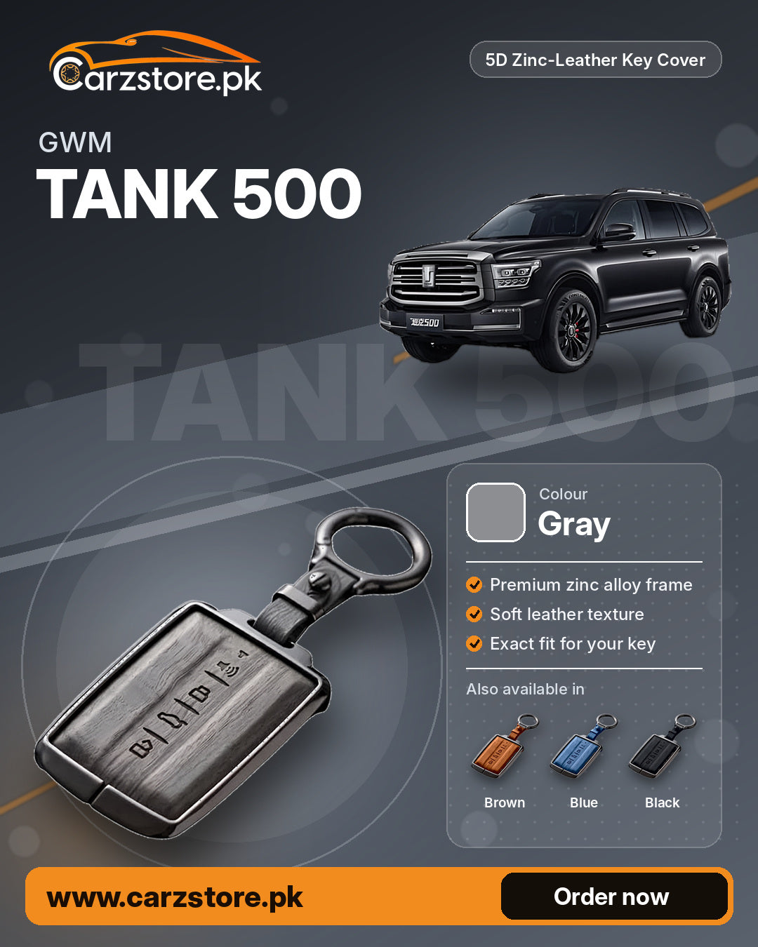 5D Zinc-Leather Key Cover for GWM Tank 500 – Gray