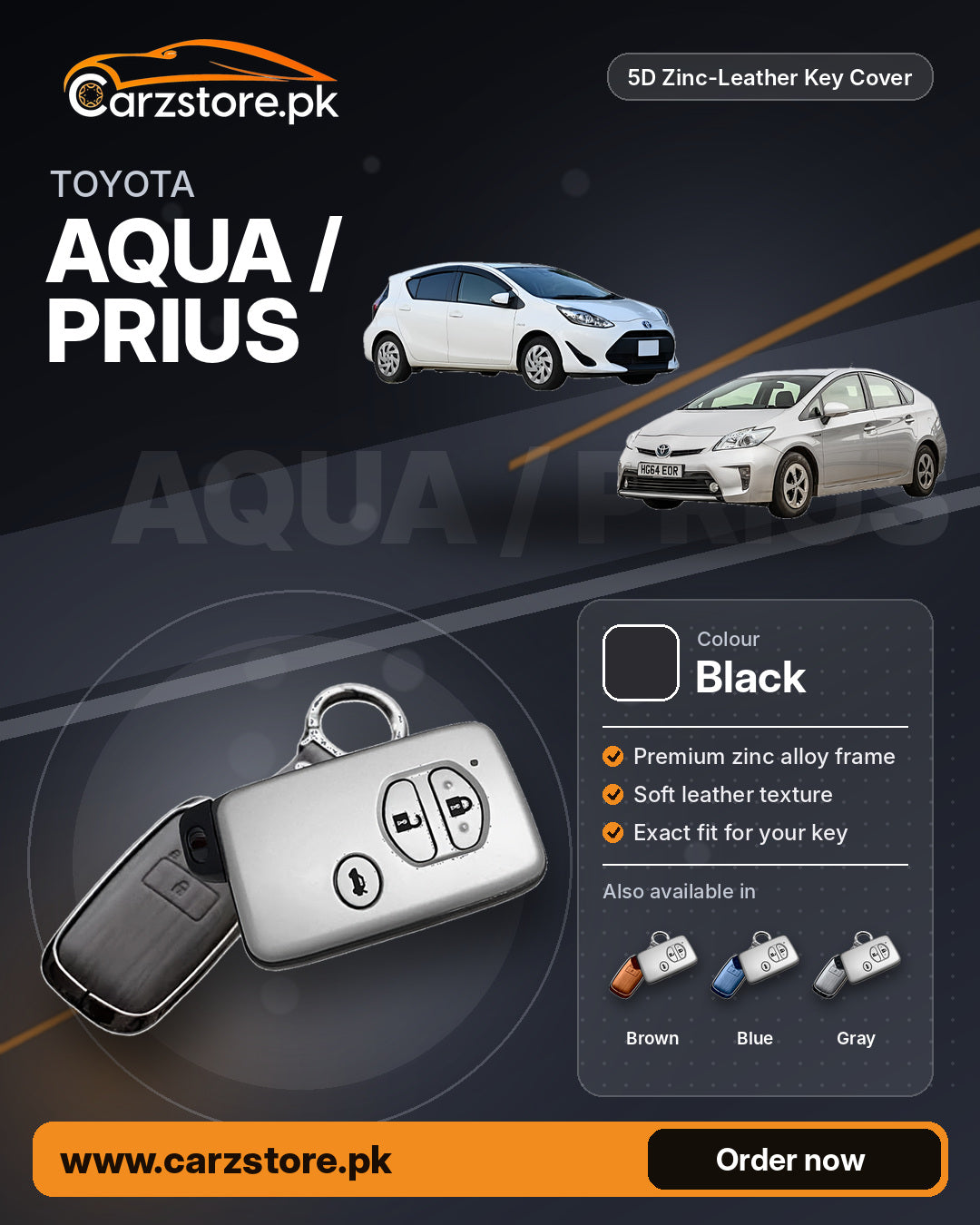 5D Zinc-Leather Key Cover for Toyota Aqua / Prius – Black