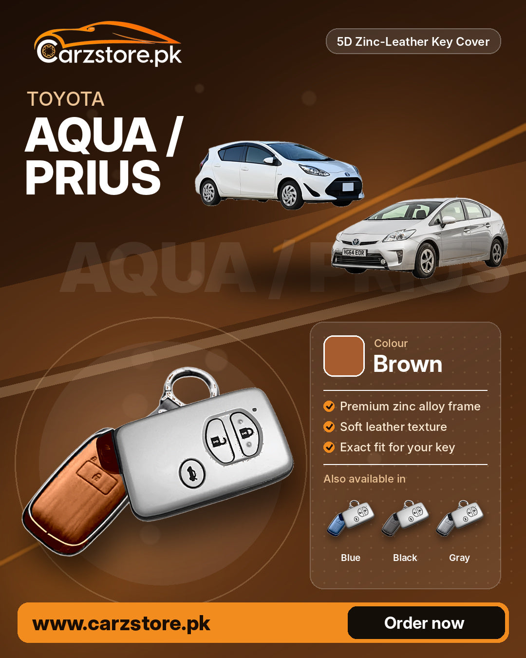 5D Zinc-Leather Key Cover for Toyota Aqua / Prius – Brown