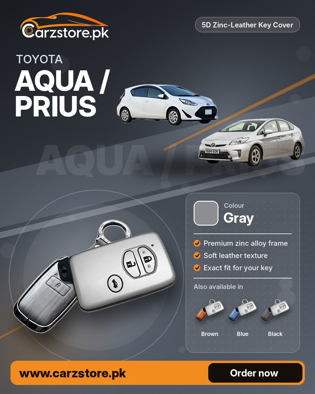 5D Zinc-Leather Key Cover for Toyota Aqua / Prius – Gray