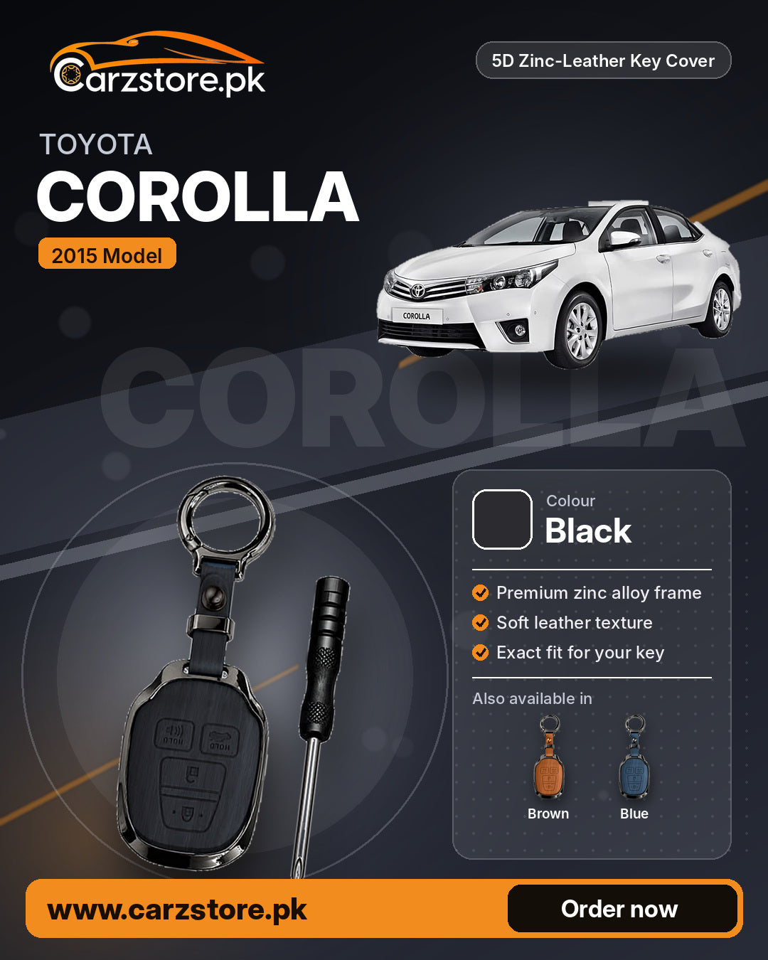 5D Zinc-Leather Key Cover for Toyota Corolla 2014-2017 (2015 Model) – Black
