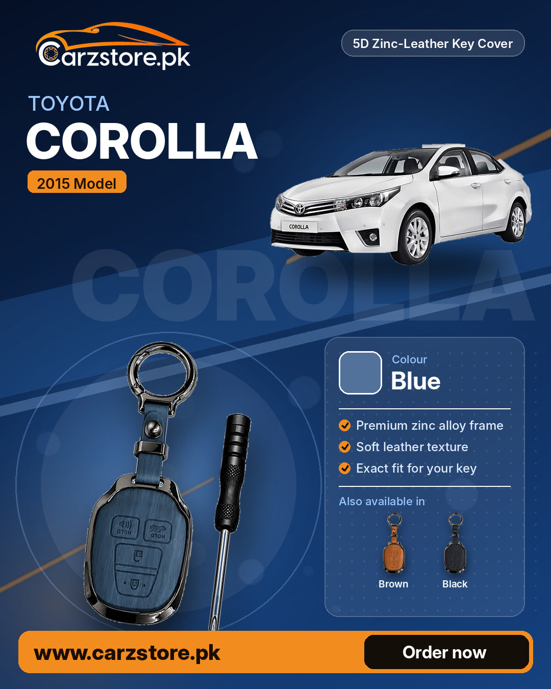 5D Zinc-Leather Key Cover for Toyota Corolla 2014-2017 (2015 Model) – Blue
